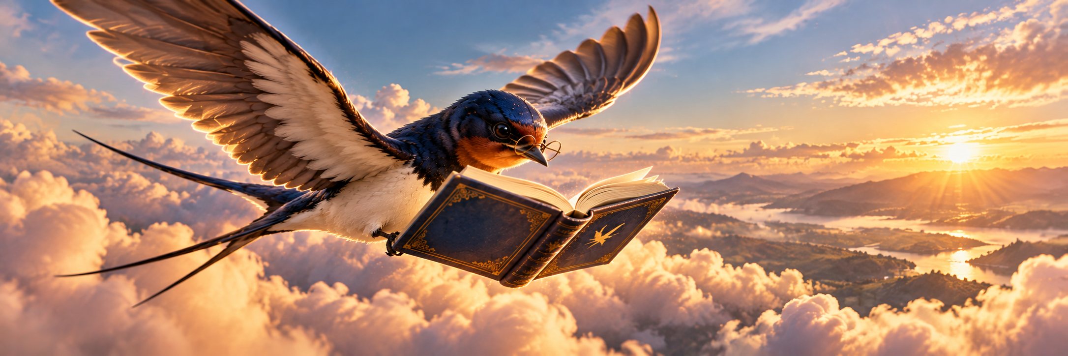 Eine Schwalbe mit Brille fliegt mit einem aufgeschlagenen Buch über die Wolken in den goldenen Abendhimmel